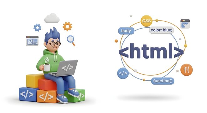 Creative coder enjoying coffee while developing website with html and css concepts visualized around them