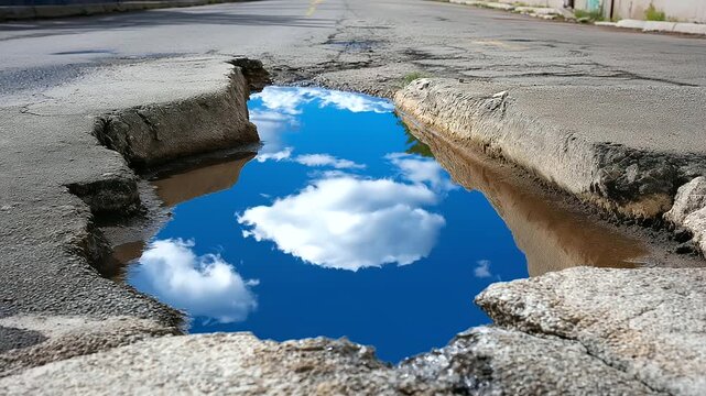 Reflection of clouds in puddle framed by cracked concrete, tension between nature and urban decay, conceptual photography.