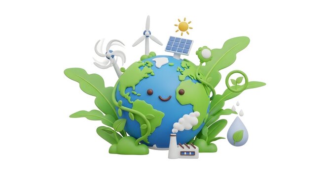 Joyful Earth embraces sustainable energy with solar panels, wind turbines, and lush greenery symbolizing a healthy planet and eco-friendly future.