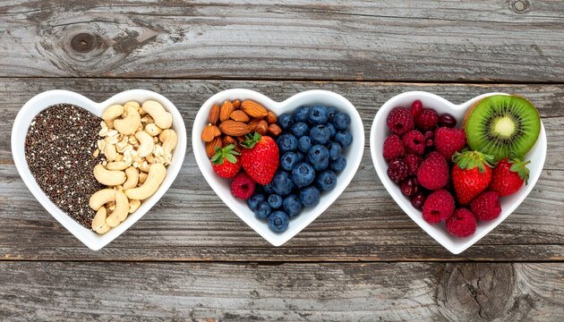 Heart-shaped dishes filled with a variety of superfoods, including fruits, nuts, and seeds, on a wooden background for healthy living. diet - Powered by Adobe
