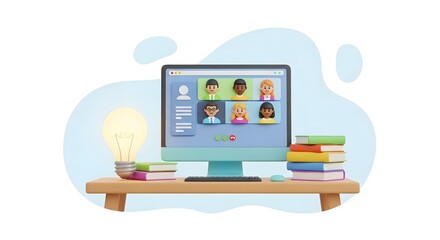 Diverse students learning online together with a bright idea, perfect for modern education material and collaborative projects in a vibrant, fun style