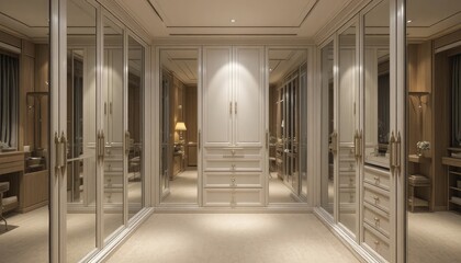 A luxurious walk in closet featuring mirrored doors and white cabinetry with drawers and ample storage