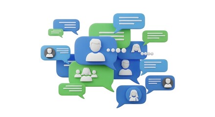 Engage your audience with vibrant 3D social media conversations, building community through connection and communication with modern blue and green chat icons