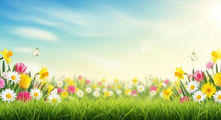 A vibrant spring meadow with daffodils, daisies, and buttercups, under a clear blue sky with a few scattered clouds. Butterflies flutter around, adding to the lively atmosphere.