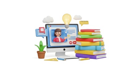 Engaging online learning with friendly tutor, bright idea, and colorful books for modern education resources and creative study concepts