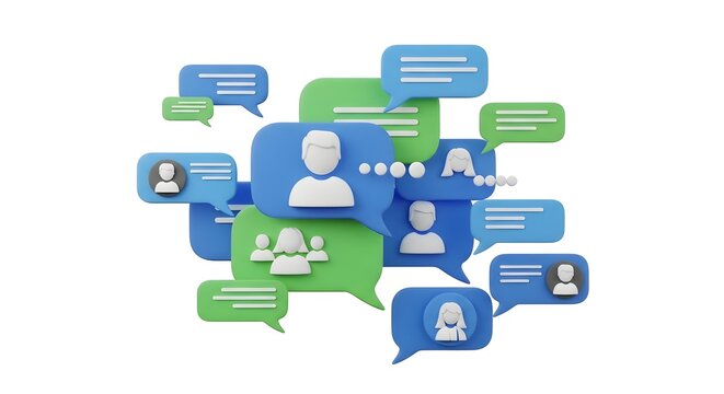 Engage your audience with vibrant 3D social media conversations, building community through connection and communication with modern blue and green chat icons - Powered by Adobe