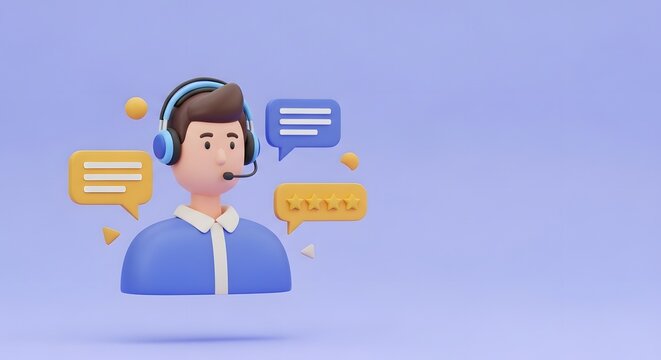 Get stellar customer service with our friendly 3D call center agent ready to assist and receive glowing feedback in a modern tech environment today - Powered by Adobe