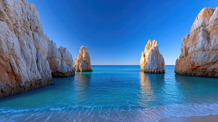 Dramatic Coastal Rock Formations Rise From The Azure Blue Sea Under A Clear Sunny Sky With Gentle Waves On Sandy Shoreline