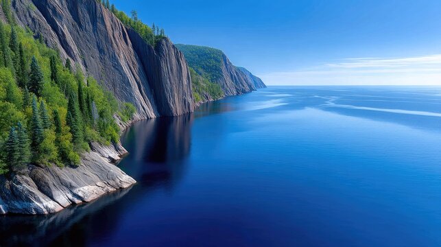 Dramatic Forested Cliffs Meet Deep Blue Ocean Under a Clear Sunny Sky - Powered by Adobe