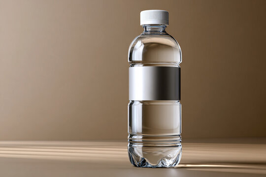 Botella de agua con etiqueta blanca y tapa blanca sobre fondo marr&oacute;n, fotograf&iacute;a de estudio con iluminaci&oacute;n natural.