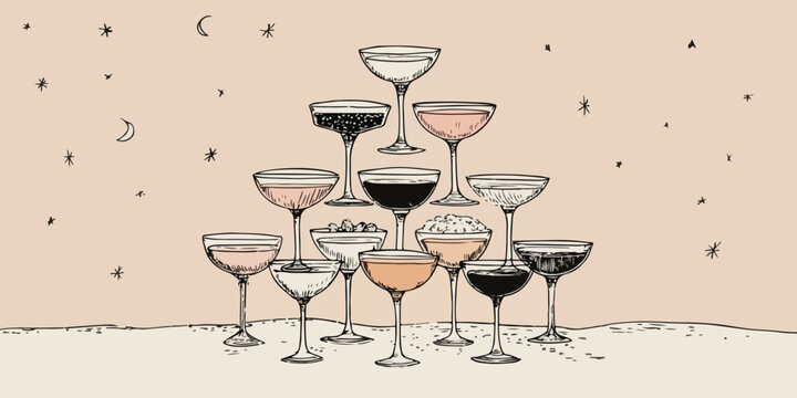Torre di bicchieri di champagne disegnati a mano in stile vintage, con stelle e luna.