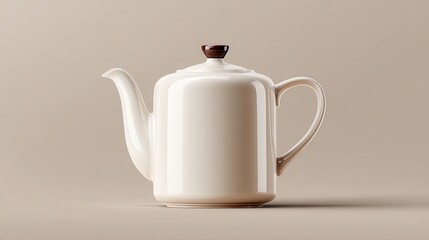 A studio shot of a clean white ceramic teapot featuring a small dark brown lid, presented against a soft, neutral beige backdrop with subtle shadow.