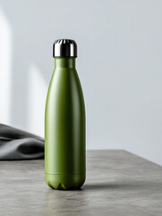 Botella t&eacute;rmica verde con tapa met&aacute;lica sobre superficie gris y fondo claro con tela desenfocada
