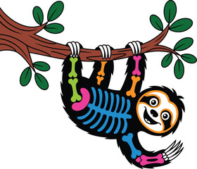 Naklejka premium Cartoon sloth with colorful hanging from tree branch