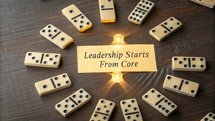 Dominoes arranged around a sign with the words leadership starts from core