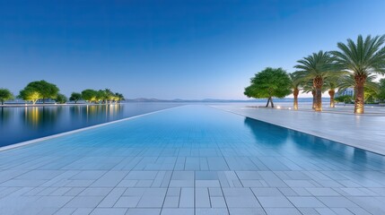 Obraz premium Luxurious Hotel Infinity Pool Overlooking Calm Ocean Water With Palm Trees and City Skyline in Distant Background at Dusk