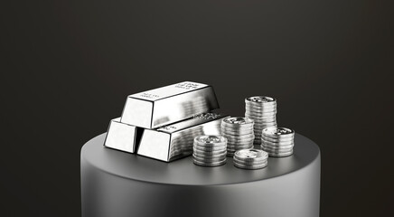 Concept of wealth and investment featuring stacked silver bars and silver coins on a podium. Designed for silver trading, finance, and precious metal investment business visuals.