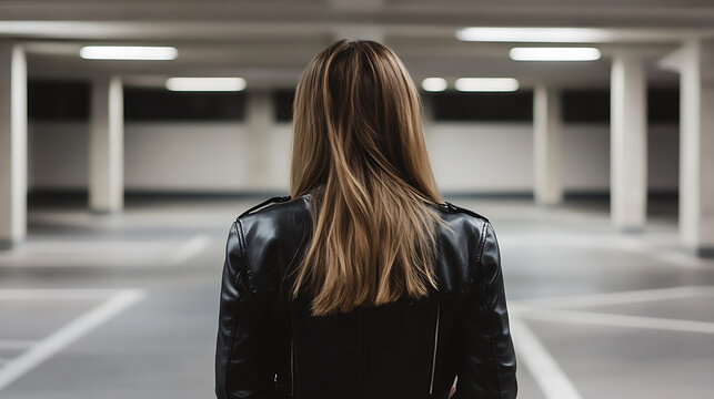 A woman stands in an empty parking garage, back to the camera, wearing a black leather jacket. Her long blonde hair is the focal point, contrasting with the gray and white.