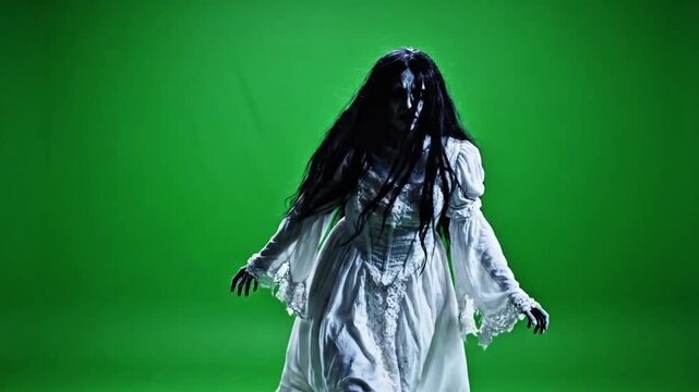 Terrifying Female Ghost Figure with Black Hair and White Dress on Green Screen