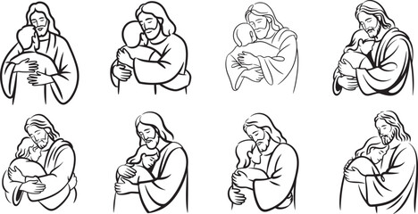 Set of Jesus hugging a young child line art, love concept vector art.