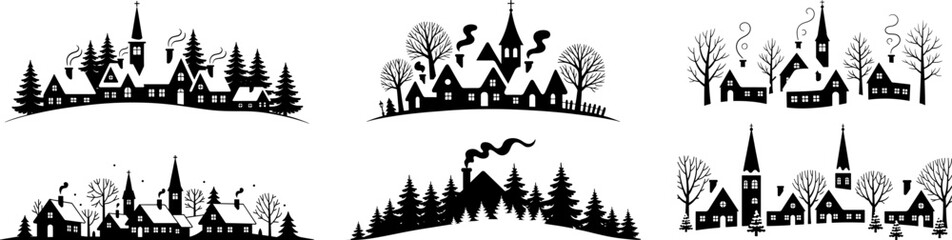 Fototapeta premium Set of Snowy village with houses and snow, Village christmas house silhouette vector art.