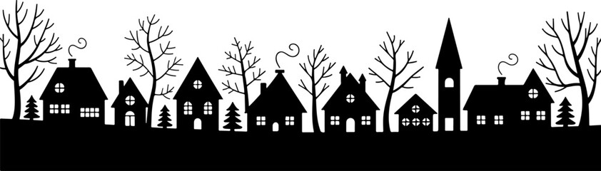 Snowy village with houses, Village christmas house silhouette vector art.