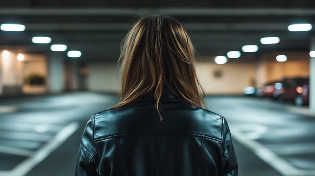 A woman in a leather jacket is seen from behind in a parking garage.The woman's head and shoulders take up the majority of the shot, she walks forward in a mysterious place.