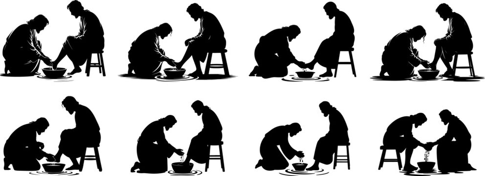 Set of Jesus Washes the Feet of His Disciples silhouettes vector art.