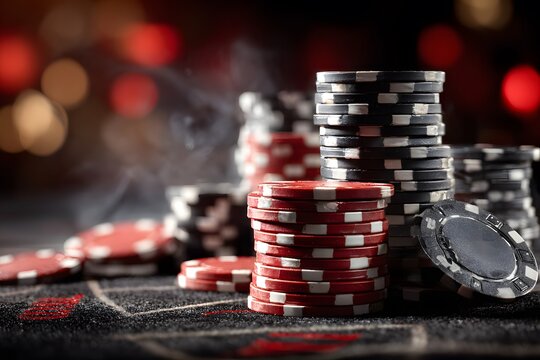 Stacks of red and black poker chips on a casino felt table, illuminated by dramatic red and warm overhead lighting with a moody, bokeh-filled background. - Powered by Adobe