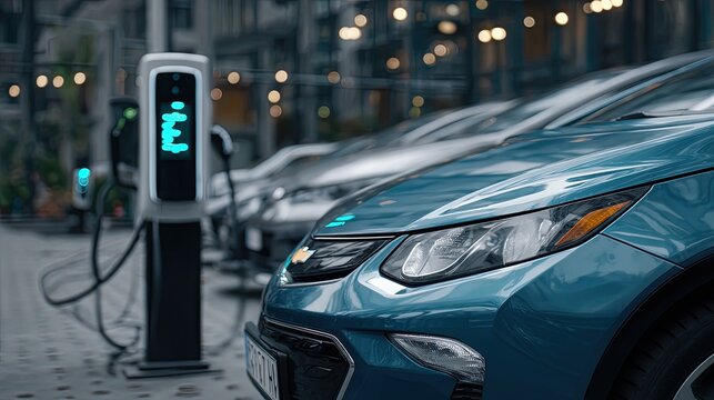 Close-up of an electric car charging in a parking lot with a charging station on a city street.