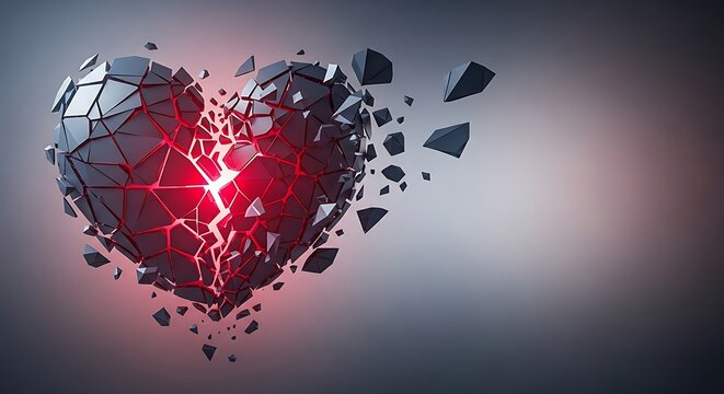 Exploding shattered heart with glowing red core symbolizing heartbreak and emotional pain, abstract breakup concept