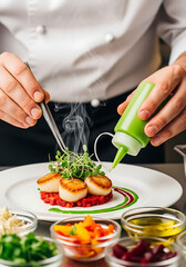 Overhead shot of hands cutting red bell pepper on wooden board surrounded by spices, herbs, garlic, and tomatoes, creating a vibrant and colorful culinary scene

