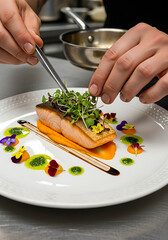 Overhead shot of hands cutting red bell pepper on wooden board surrounded by spices, herbs, garlic, and tomatoes, creating a vibrant and colorful culinary scene
