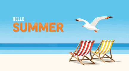 Hello summer beach scene with two deck chairs and a seagull flying in the blue sky, evoking a sense of vacation and relaxation by the ocean