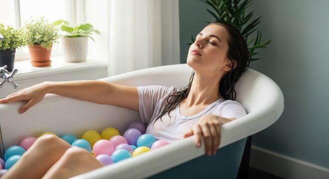 Woman Relaxing in Bathtub with Colorful Balls. Ai generation