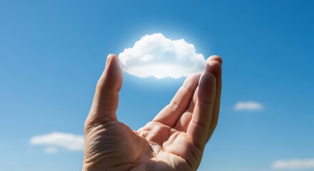 Hand Holding a Cloud Against Blue Sky. Ai generation