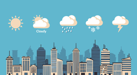 Weather forecast over city skyline with different weather conditions displayed in the sky.