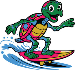 Cartoon turtle surfing on a pink surfboard in blue waves