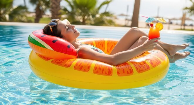 Woman Relaxing on Pool Float with Cocktail. Ai generation