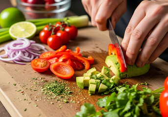 Overhead shot of hands cutting red bell pepper on wooden board surrounded by spices, herbs, garlic, and tomatoes, creating a vibrant and colorful culinary scene
