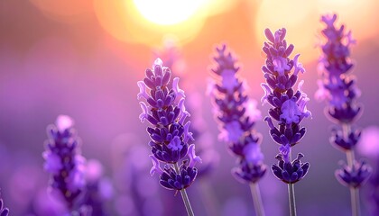 Fototapeta premium Close-up of purple lavender flowers with the sun's warm light and bokeh in the background