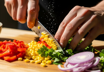 Overhead shot of hands cutting red bell pepper on wooden board surrounded by spices, herbs, garlic, and tomatoes, creating a vibrant and colorful culinary scene
