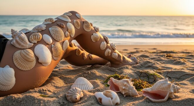 Seashells on Legs at Sunset Beach. Ai generation