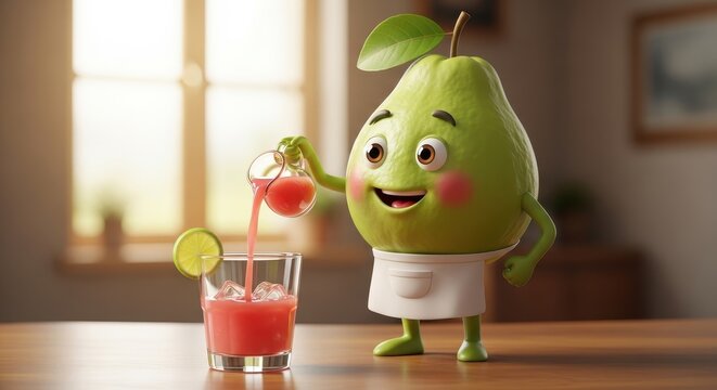 Cute pear character pouring juice into glass. Ai generation