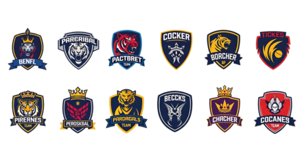 Collection of diverse shield emblems featuring animals and crowns isolated on white background