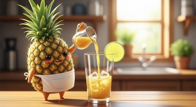 Cute Pineapple Character Pouring Juice. Ai generation