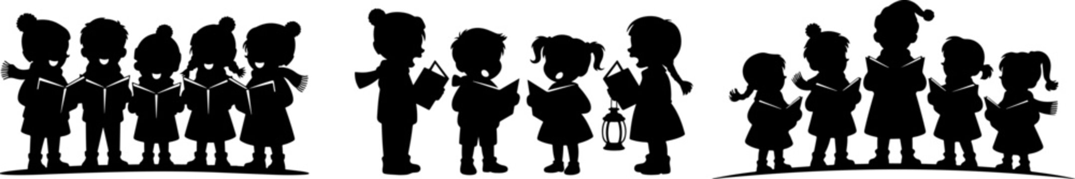 Set of Group Carolers Singing Black Silhouette, Christmas Carolers vector art. 