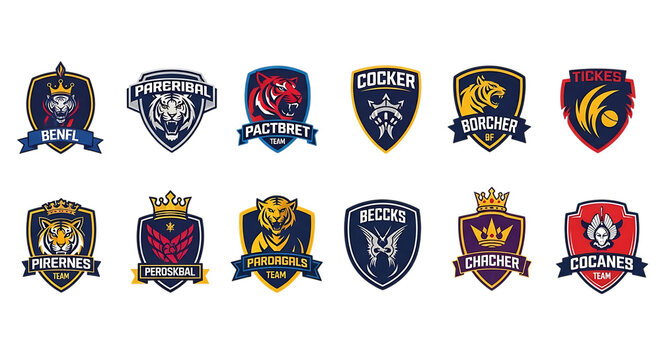 Collection of diverse shield emblems featuring animals and crowns isolated on white background