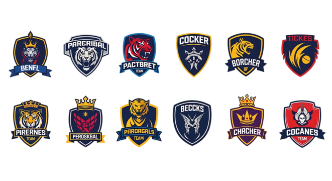 Collection of diverse shield emblems featuring animals and crowns isolated on white background