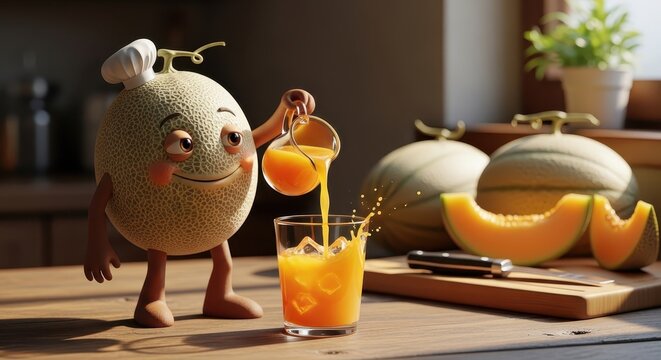 Cute Melon Character Pouring Juice. Ai generation